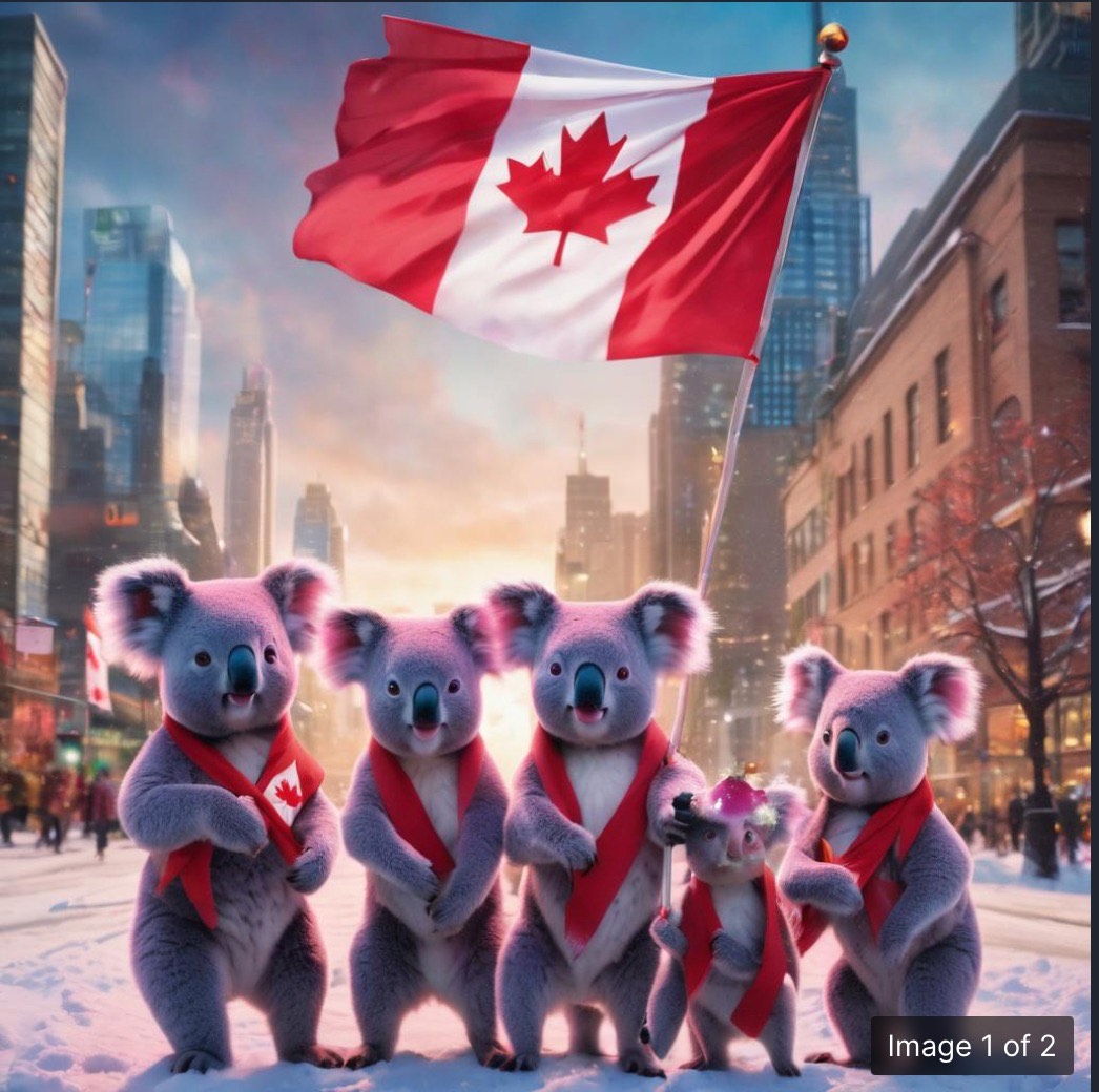 Canadian day! koala standing and holding the Canadian flag